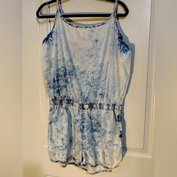Indigo Rein XL Distressed Jean Spaghetti Strap Shorts Romper, P2P 22” length 29” - Picture 1 of 3